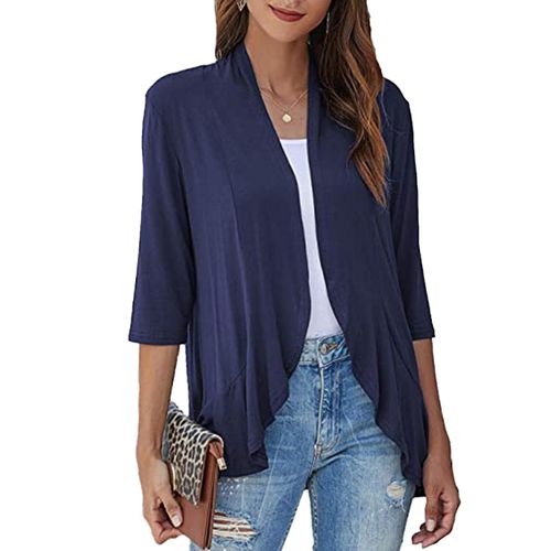 Cardigan Tops Pure Color Trois Quart Manche Falbala Asymétrique Ourlet Décontracté Cardigan Pardessus Pour Femmes Noir S