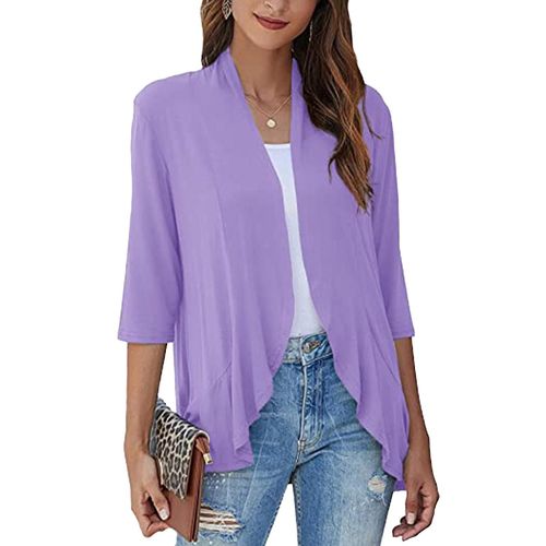 Cardigan Tops Pure Color Trois Quart Manche Falbala Asymétrique Ourlet Décontracté Cardigan Pardessus Pour Femmes Noir S