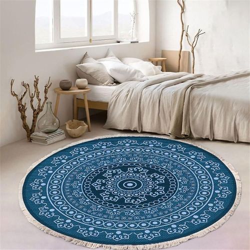 Tapis Rond Tissé En Coton, Tapis Mandala Bohème À Franges, Tapis De Chambre De Salon Antidérapant (60cm, Bleu)