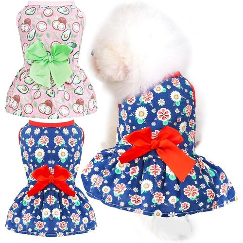 2 Pack Petit Robe De Chien Coton Doux Vêtements De Chien D¿Été Fille Drôle Floral Avocat Chiot Princesse Robe Mignonne Bowknot Robes De Chien (Bleu / Rose, L)