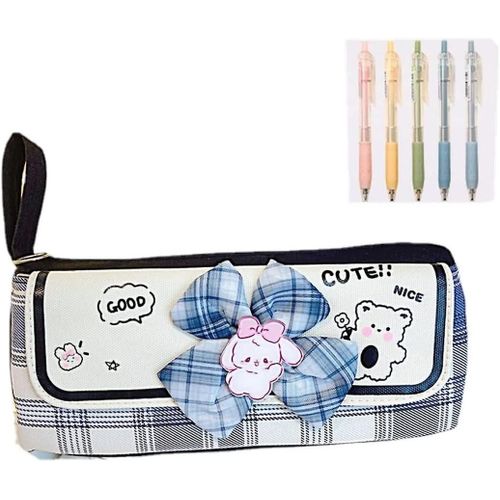 Kawaii Bow Étui À Crayons De Grande Capacité, Boîte À Papier À Carreaux Japonais Iheytea S Avec Sac De Rangement À Carreaux Multicouche De Style Jk Preppy (Noir + 5 Stylos)