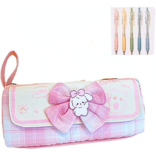 Kawaii Bow Étui À Crayons Grande Capacité, Boîte À Papier À Lettres Japonaise Iheytea S Avec Sac De Rangement À Carreaux Multicouche De Style Jk Preppy (Stylos Rose + 5)