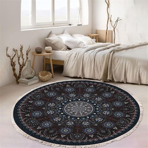 Tapis Rond En Coton Tissé, Tapis Mandala Bohème À Franges, Tapis Antidérapant De Chambre De Salon (60 Cm, Bleu 2)