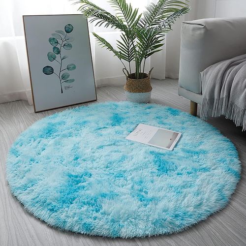 Tapis Rond, Tapis Moderne À Poils Hauts, Tapis De Chevet De Chambre, Tapis De Sol Hirsute Antidérapant Confortable Et Doux, Tapis Moelleux, Bleu Ciel, 60cm / 24inch