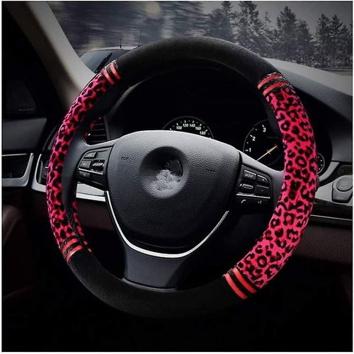 Peluche Véhicule Volant Housse Qualité Confortable Hiver Doux Volant Protecteur De Volant Diamètre Universel 38cm (15 ») Leopard Print Rose