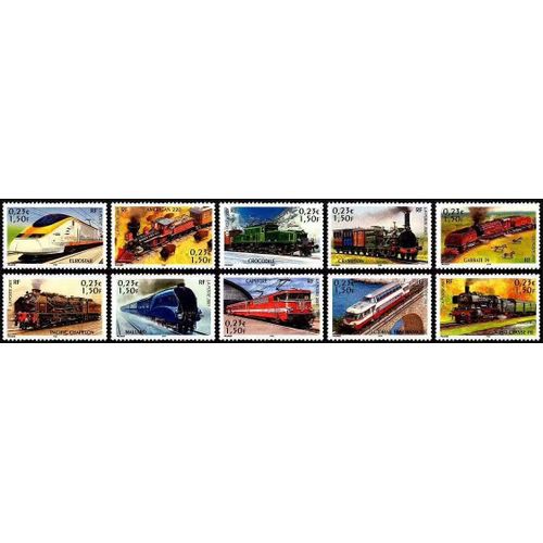 France 2001, Très Belle Série Complète Timbres Neufs** Luxe Yvert 3405 À 3414 Collection Jeunesse, Les Légendes Du Rail, Eurostar, Crocodile, Capitole, Garratt 59, Crampton...