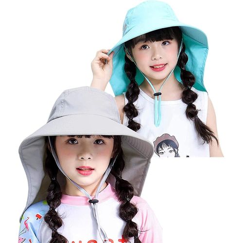2-Pack Enfants Filles Garçons Plage Chapeaux De Soleil Uv Protection Été Pêche Seau Chapeau Avec String Neck Flap Cover
