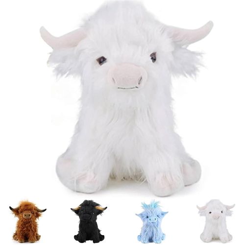 Vache Écossaise Highland Peluche Jouets, 11,8 Pouces Doux Et Câlin Peluche Animaux En Peluche, Blanc