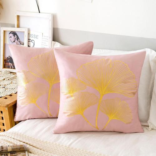 Lot De 2 Housse De Coussin Canapé 45x45cm Rose Housse De Coussin Velours Ginkgo Biloba Motif Taie D'oreiller Carré Housses De Coussin Salon Housses Coussin Pour Chaise Canapé Lit Décorative