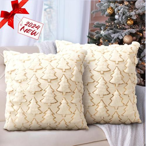 Housse De Coussin Noël,Lot De 2 Housse Coussin De Canapé En Velours Arbre De Noël Super Doux Peluche Taie D'oreiller Pour Le Canapé Chambre À Coucher Salon 3d Arbre De Noël Beige,40 X 40 Cm