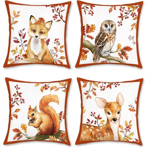 Housse De Coussin Animaux D`Automne 45 X 45 Cm Renard Hibou Écureuil Cerf Velours Doux Décoratif Taie D'oreiller Pour Canapé Salon Chambre Enfants Maison Décoration 4 Pièces