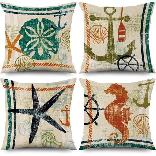 Housses De Coussin Maritime 45x45 Cm,Lot De 4 Housse De Coussin Décorative Pour Canapé Ancre Maritime Rétro Étoile De Mer Hippocampe Lavable En Lin Polyester Textile