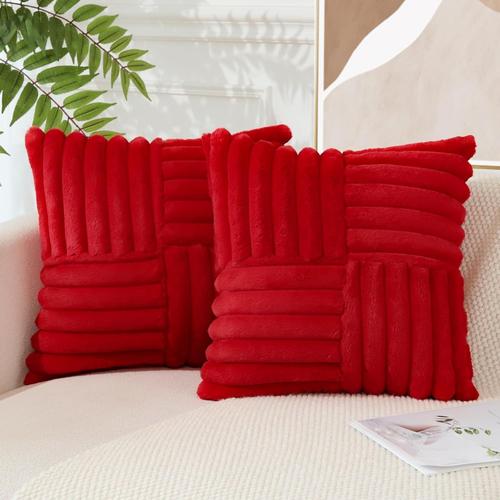 Housses De Coussin À Rayures Décoratives Housse De Coussin En Fausse Fourrure De Lapin Douce Housse De Coussin De Canapé Pour Canapé-Lit Décoration Intérieure Lot De 2 45x45cm (Rouge)