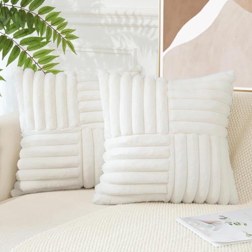 Housses De Coussin À Rayures Décoratives Housse De Coussin En Fausse Fourrure De Lapin Douce Housse De Coussin De Canapé Pour Canapé-Lit Décoration Intérieure Lot De 2 45x45cm (Blanc Crème)