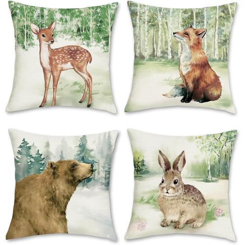 Housse De Coussin Animaux De La Forêt Cerf Renard Lapin Ours 45 X 45 Cm Polyester Lin Décoratif Enfants Taie D'oreiller Pour Canapé Salon Chambre Chaise Jardin Maison Décoration 4 Pièces