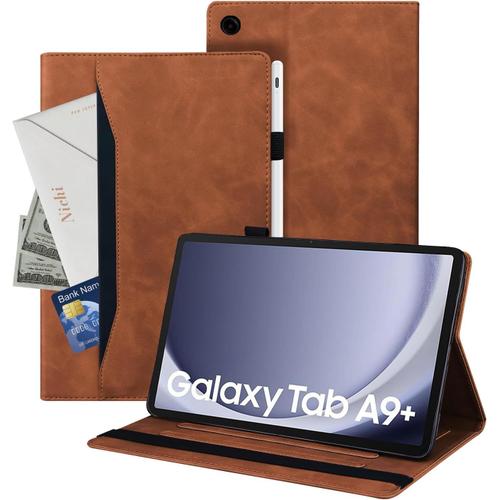 Coque Tablette Samsung Tab A9 Plus 11 Pouces 2023 Tablette En Cuir Pu Adaptée À Coque Galaxy Tab A9+ /Sm-X210/Sm-X215, Style En Cuir Classique Avec Fonction Support, Brun