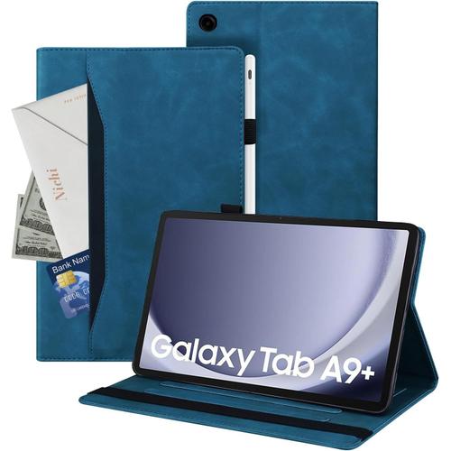 Coque Tablette Samsung Tab A9 Plus 11 Pouces 2023 Tablette En Cuir Pu Adaptée À Coque Galaxy Tab A9+ /Sm-X210/Sm-X215, Style En Cuir Classique Avec Fonction Support, Bleu