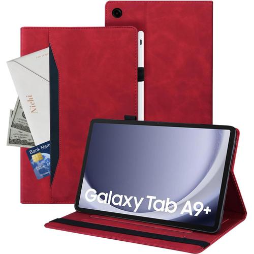 Coque Tablette Samsung Tab A9 Plus 11 Pouces 2023 Tablette En Cuir Pu Adaptée À Coque Galaxy Tab A9+ /Sm-X210/Sm-X215, Style En Cuir Classique Avec Fonction Support, Rouge