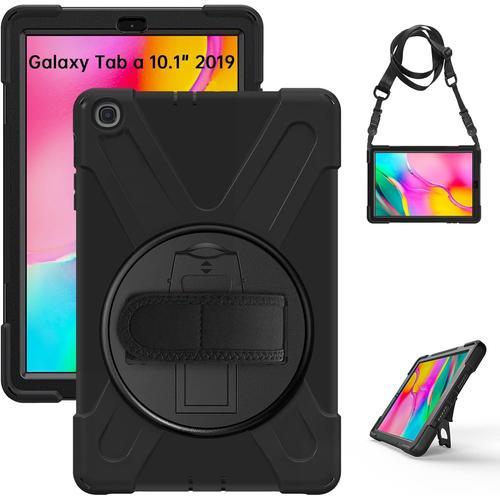 Coque Samsung Galaxy Tab A 2019 10.1 Pouces T510/T515, Antichoc Armure Robuste Étui Avec Support Rotatif, Dragonne Et Bandoulière Réglable Tpu + Pc Housse Pour Galaxy Tab Sm-T510 Sm-T515, Noir