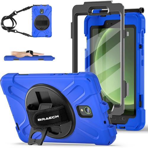 Coque Samsung Galaxy Tab Active 5/Active 3 8 Pouces, Étui De Robuste Avec Film Protection, Support Rotatif À 360°Et Dragonne, Bandoulière, Résistant Housse Pour Sm-X300/X306b/T570/T575, Bleu