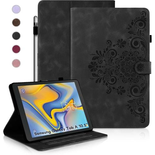 Coque Pour Samsung Galaxy Tab A 10.5 2018, Étuis De Protection Rétro Tab Sm-T590/T595 De Couleur Unie, Style Gaufré, Conception À Boucle Magnétique, Fonction Support, Noir