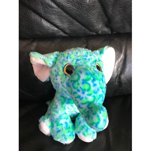Doudou Peluche Éléphant Vert Et Bleu Yeux Brillants 16-20cm