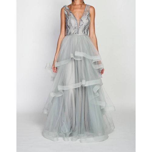 Robe Longue Ceremonie Mariage Grise Froufrou Taille 38 M
