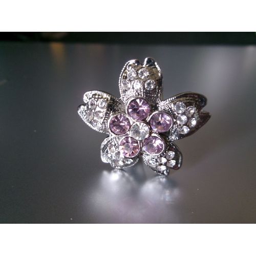 Bague Fantaisie Ajustable, Fleur À 5 Pétales, En Métal + Zircons Transparents & Rose Pâle