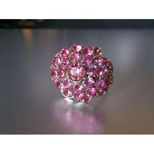 Bague Fantaisie Ajustable, Ovale Bombée, Métal + Zircons Rose