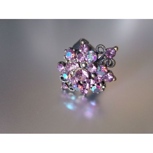 Bague Fantaisie Ajustable, Ovale, Métal + Zircons Rose Irisé