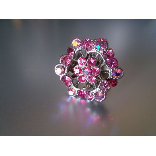 Bague Fantaisie Ajustable, Hexagonale, Métal + Zircons Rose