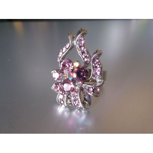 Bague Fantaisie Ajustable, N?ud, En Métal + Zircons Rose