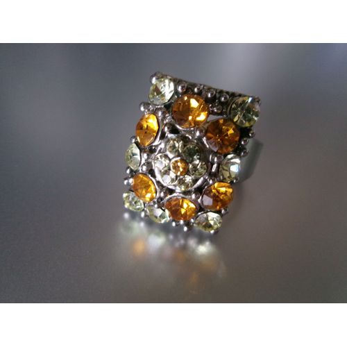 Bague Fantaisie Ajustable, Rectangulaire, Métal + Zircons Jaune & Orange