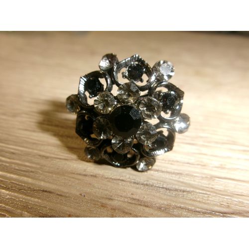 Bague Fantaisie Ajustable, Ronde, En Métal  Noir + Zircons Noir & Gris