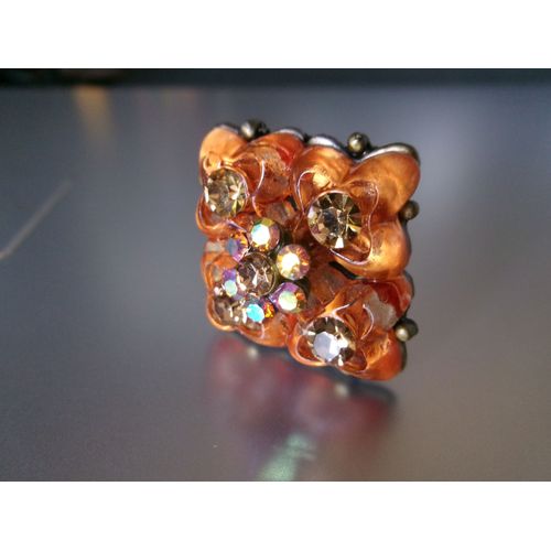 Bague Fantaisie Ajustable, Losange, Métal Et Plastique Orange + Zircons Orange