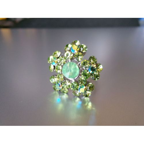 Bague Fantaisie Ajustable, Étoile/Fleur 5 Pétales, Métal + Zircons Vert