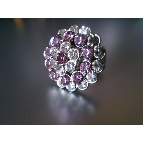 Bague Fantaisie Ajustable, Ronde Bombée, Métal + Zircons Transparents & Rose