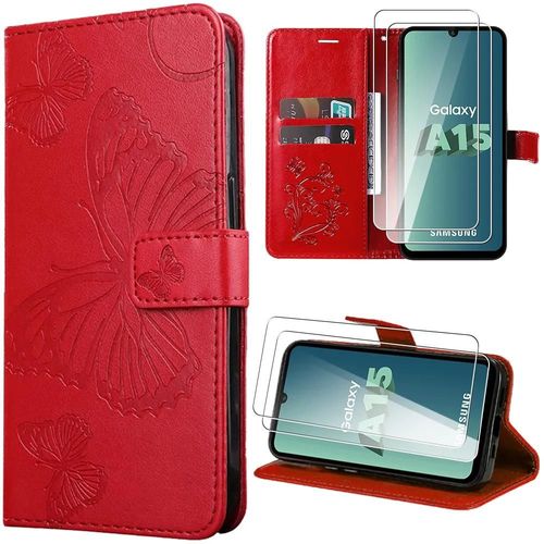 Coque + 2 Verres Trempés Pour Samsung Galaxy A15 4g/5g, Rouge, Effet Cuir À Motif Papillon Avec Porte-Cartes Et Support Réglable - Booling