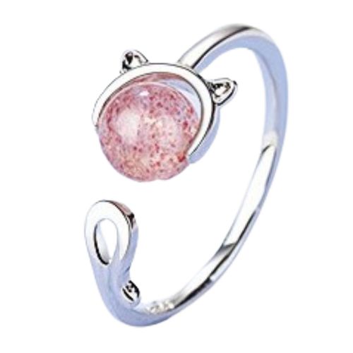 Bague Ajustable Tete De Chat Et Perle Rose. Argent Sterling 925