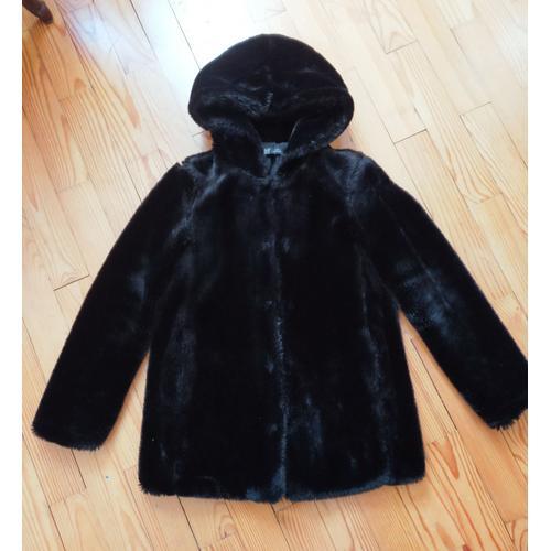 Manteau Zara Mi-Long En Fausse Fourrure Noire À Capuche Xs