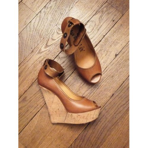 Escarpins/ Chaussures Compensées Cuir Marron Avec Talon En Liège- 36- Lanvin