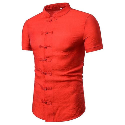 Hommes Oriental Style Boutons Chemise Tops Rétro Slim Fit Stand Col Manches Courtes Chemise