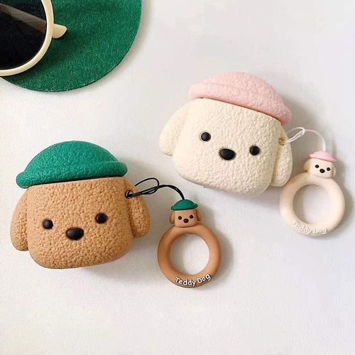 Airpods Case, Newest Super Cute Creative Pet Hat Teddy Dog Airpods Case, Puppy Style Soft Silicone Earphone Protection Skin For Airpods1 & 2 + hook -brown