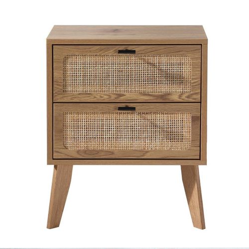 Chevet 2 Tiroirs Décor Bois Avec Façades Rotin - L45 Cm