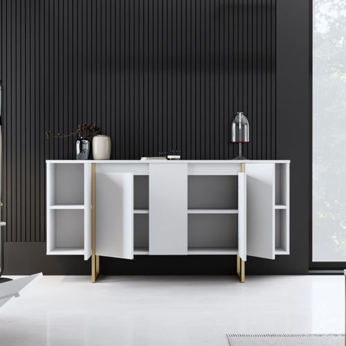 Luxor - Buffet Design Blanc Et Or 160 Cm - 4 Portes