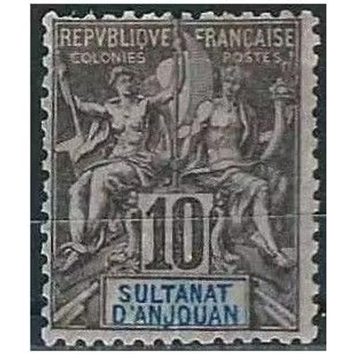 Sultanat D' Anjouan (Actuelles Comores), Protectorat Français 1892, Très Beau Timbre Neuf** Luxe Type Sage "Colonies", Yvert 5, 10c. Noir Sur Gris, Cartouche Bleu Marine.