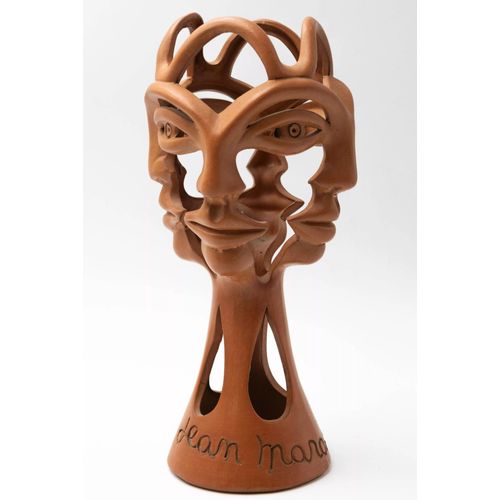 Sculpture en terre cuite de Jean Marais les 3 visages 1970 orange