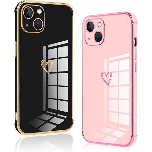 2 Pièces Coque Pour Iphone 13, Silicone Antichoc Housse, Étui Avec Motif Coeur Et Bordure Dorée Pour Iphone 13, Noir Et Rose