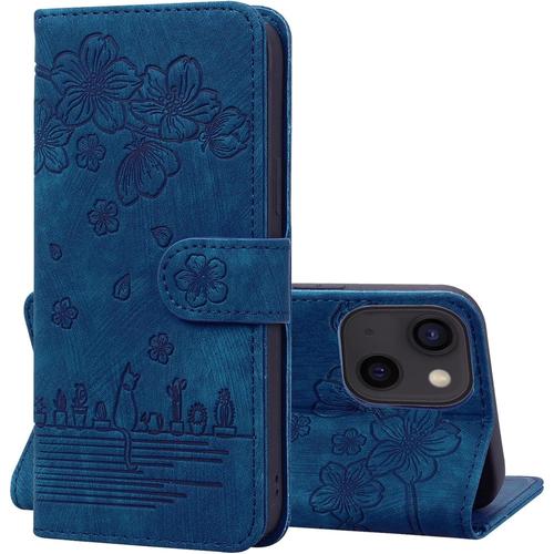 Pour Iphone 13 Coque, Étui Housse Fleur Motif Dessin Coque Portefeuille En Cuir Rabat Clapet Flip Case Avec Porte Carte Magnétique Mince Etui Coque Pour Iphone 13,Bleu