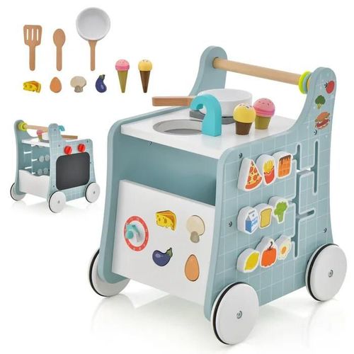 Costway 6 En 1 Chariot De Marche En Bois Avec Centre De Jouets, Cuisine De Jeu, Horloge, Enfant 1 An+, Jouet Montessori, Bleu